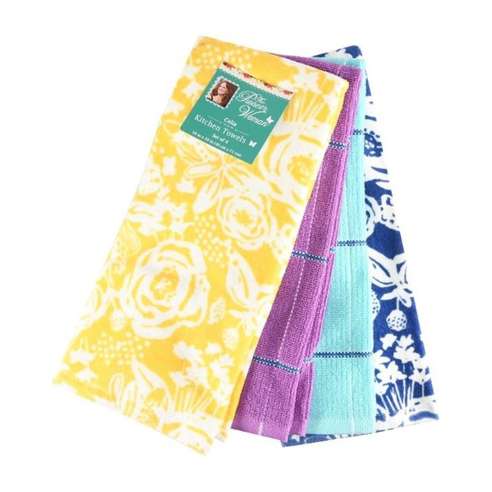 Pioneer Woman Celia Kitchen Towels 4pc Set Floral 16" x 28" Yellow Purple Blue